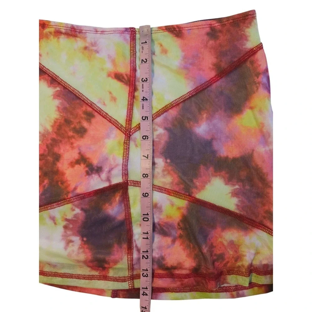 Club Exx Red Stiched Tie dye Pink Yellow Bodycon Mini Skirt Stretch S NWOT
